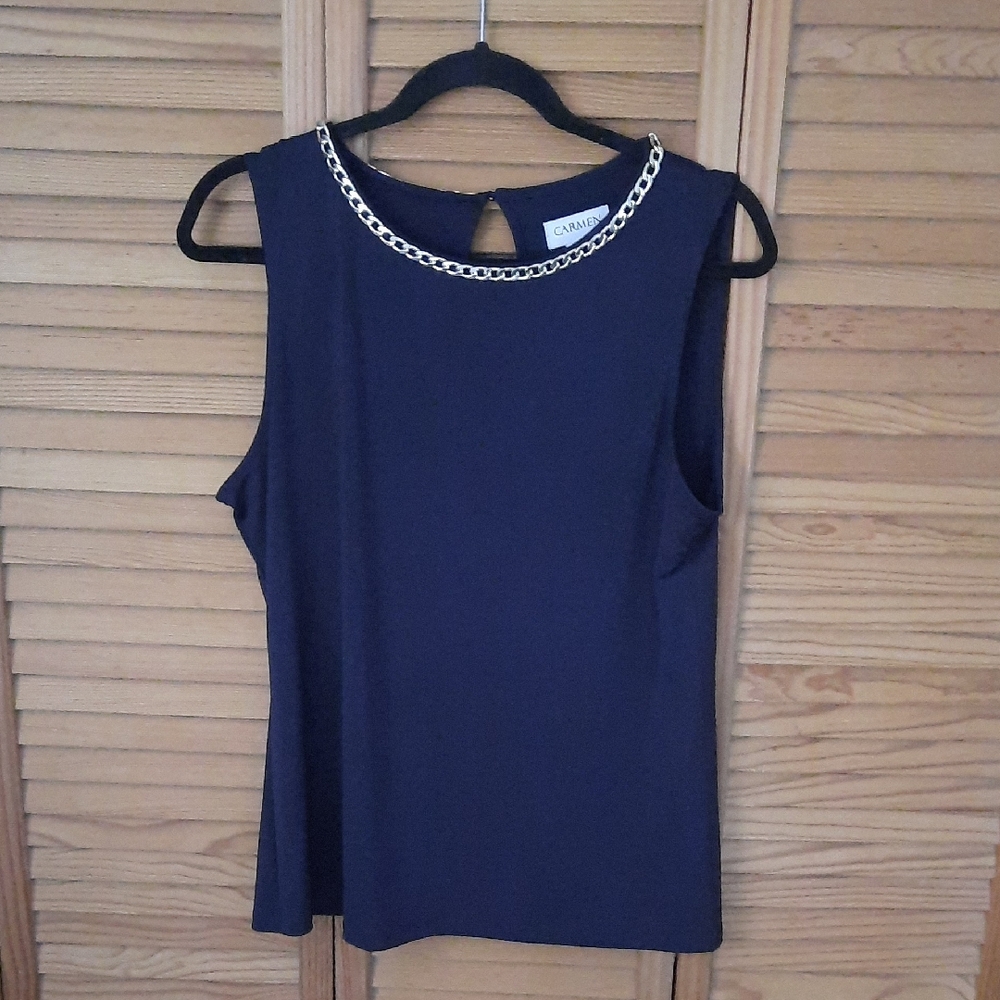Carmen Marc Valvo Black Gold Chain Trim U Neckline Button Closure Tank Top Large